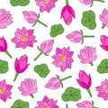 Vector seamless background. Pond with lotus. Pink flowers, lotus and green leaves. Design for fabrics, textiles, paper, wallpaper, Royalty Free Stock Photo